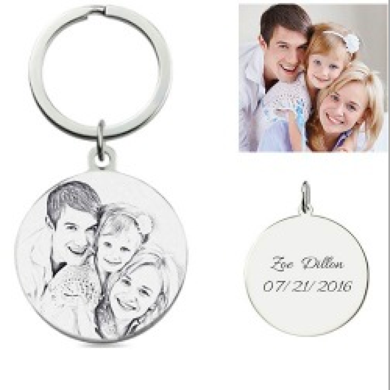 Round photo engraved sterling silver keyring