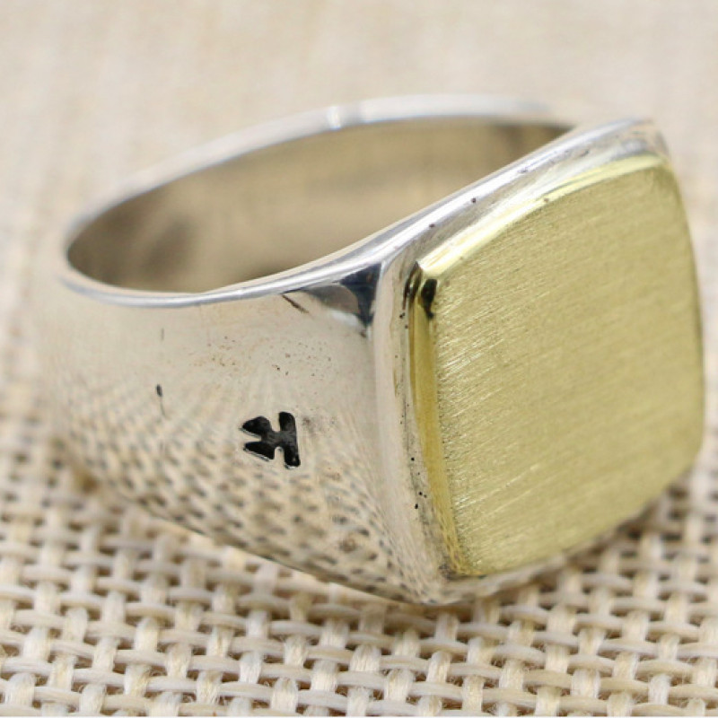 Square Sterling Silver Signet Ring with Brushed Gold Effect Square sterling silver signet ring with brushed gold surface effect