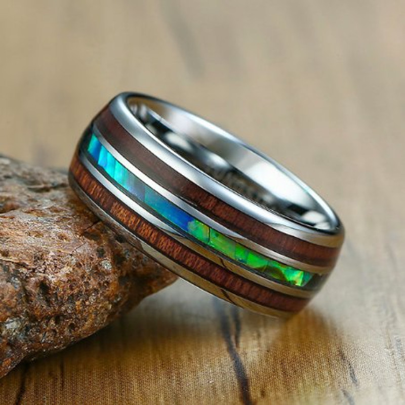 Tungsten Koa Wood Barrel Ring Side View Side view of tungsten Koa wood barrel style eternity ring