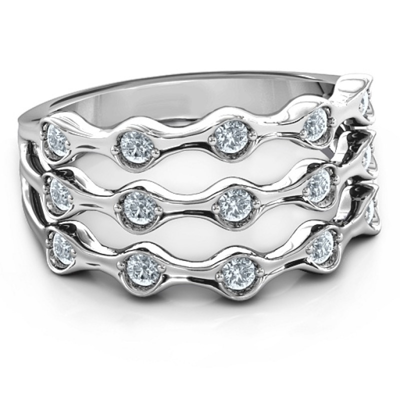 Alternating Stone Fashion Wave Ring with three rows of round stones