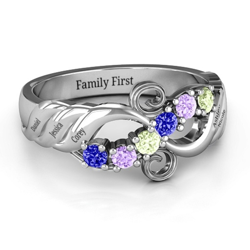 Ariel Wave and Swirl Ring with grooved wave details and round stones