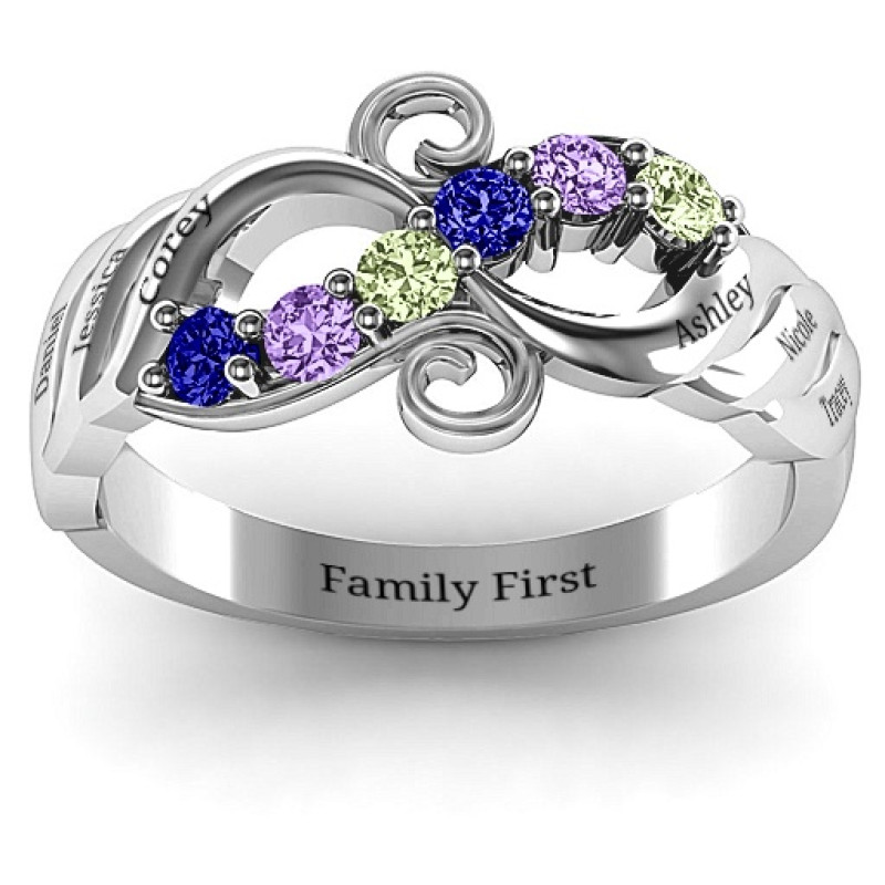 Ariel Wave and Swirl Ring with grooved wave details and round stones