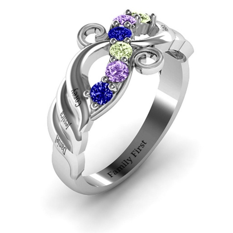 Ariel Wave and Swirl Ring with grooved wave details and round stones