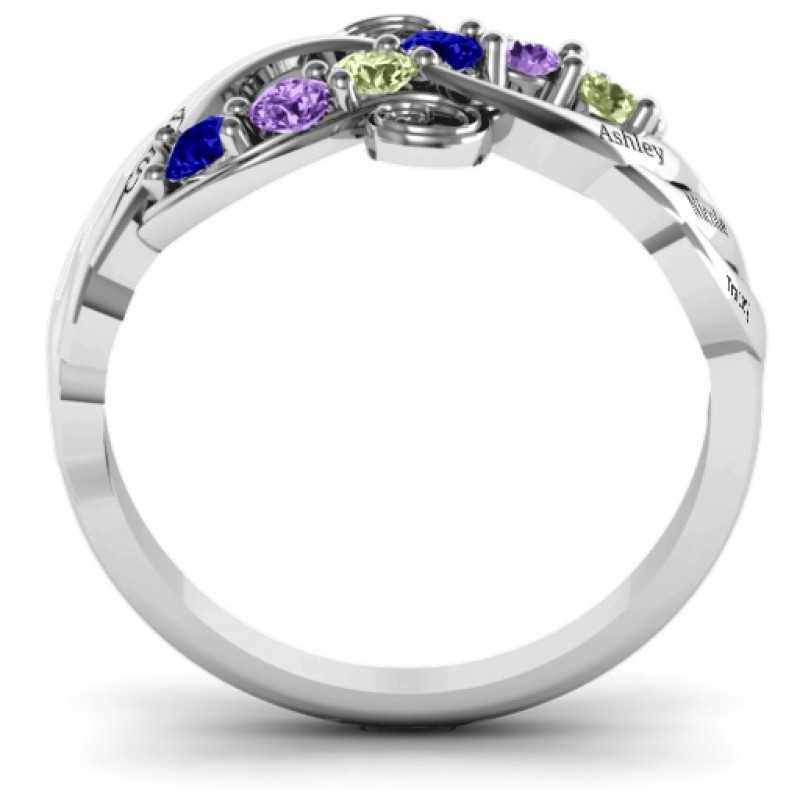 Ariel Wave and Swirl Ring with grooved wave details and round stones