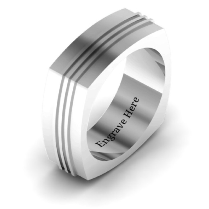 Bridge Grooved Square Men's Ring - Gallery View Bridge grooved square-shaped men's ring gallery view