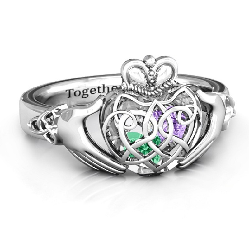 Caged Hearts Celtic Claddagh Ring with a heart cage and heart-shaped stone details