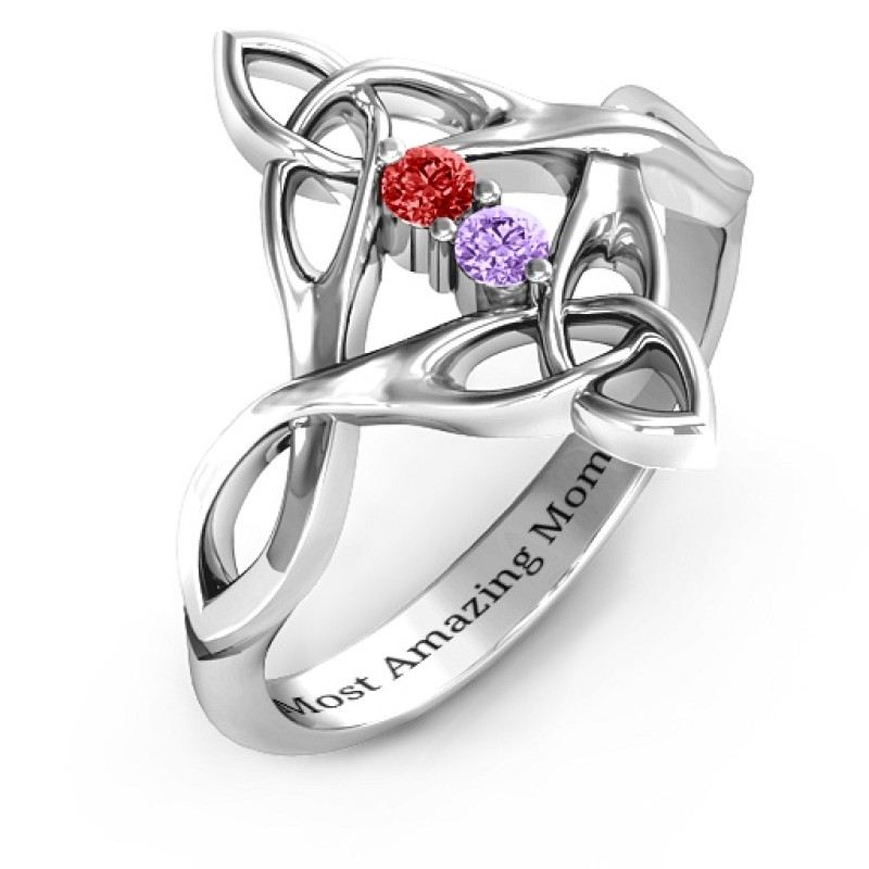 Celtic Trinity Knot ring with two round stone settings
