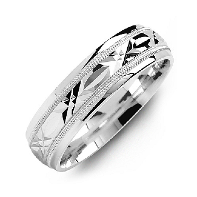 Men's Diamond-Cut Pattern Ring Classic men's ring with a diamond-cut pattern and milgrain detailing