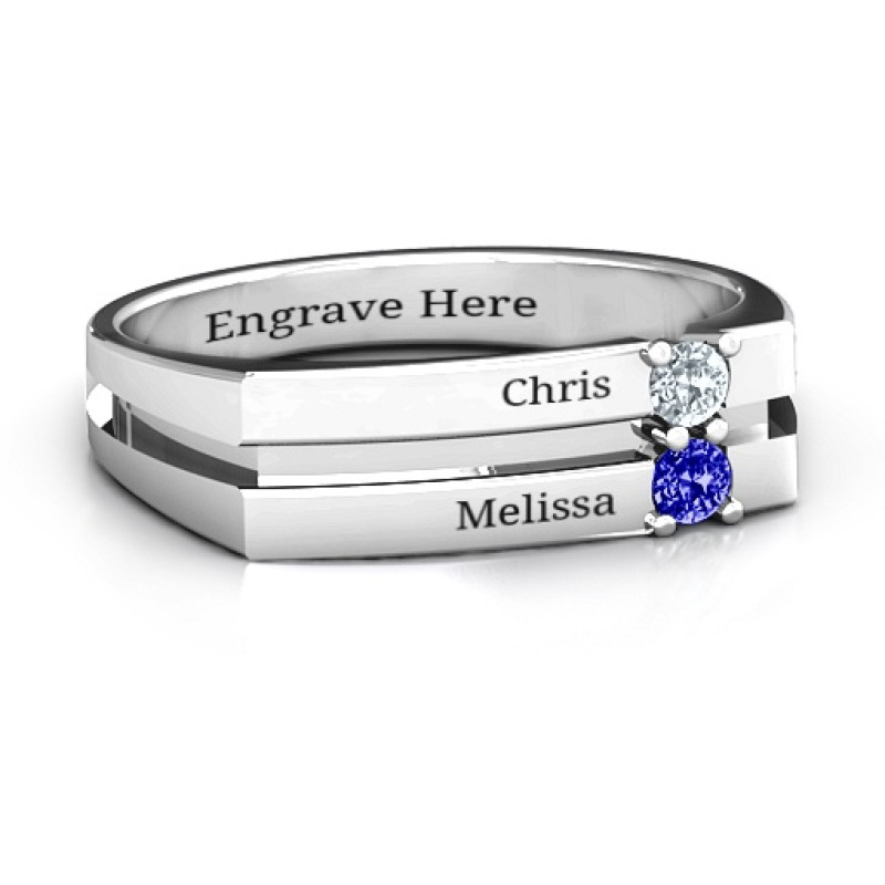 Grooved Personalised Women's Ring Grooved square-topped women's ring with two round stones