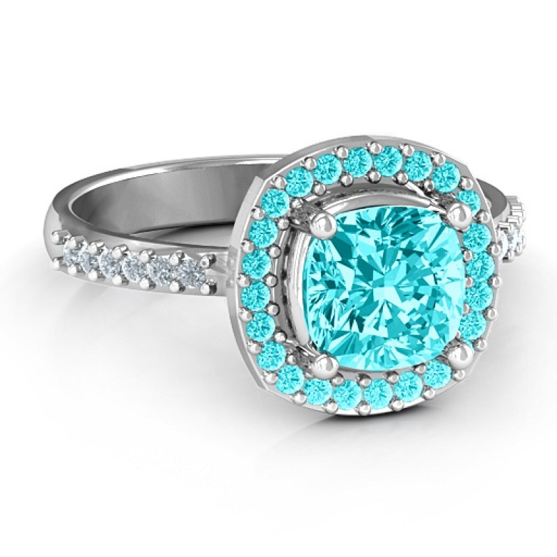 Cushion cut statement ring with a round stone halo