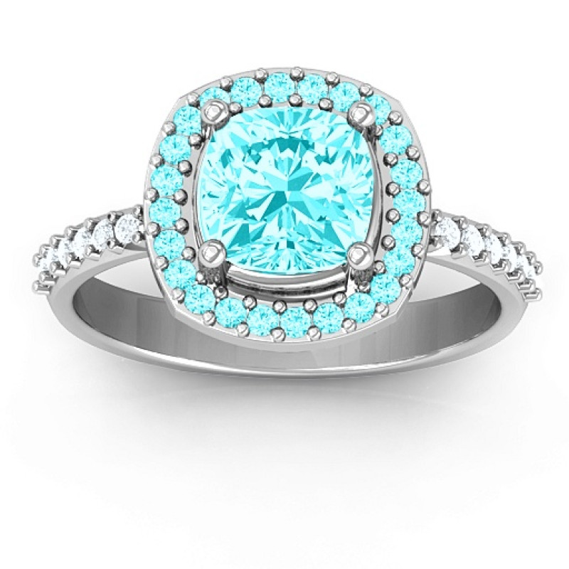 Cushion cut statement ring with a round stone halo
