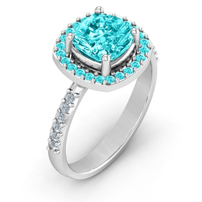 Cushion cut statement ring with a round stone halo