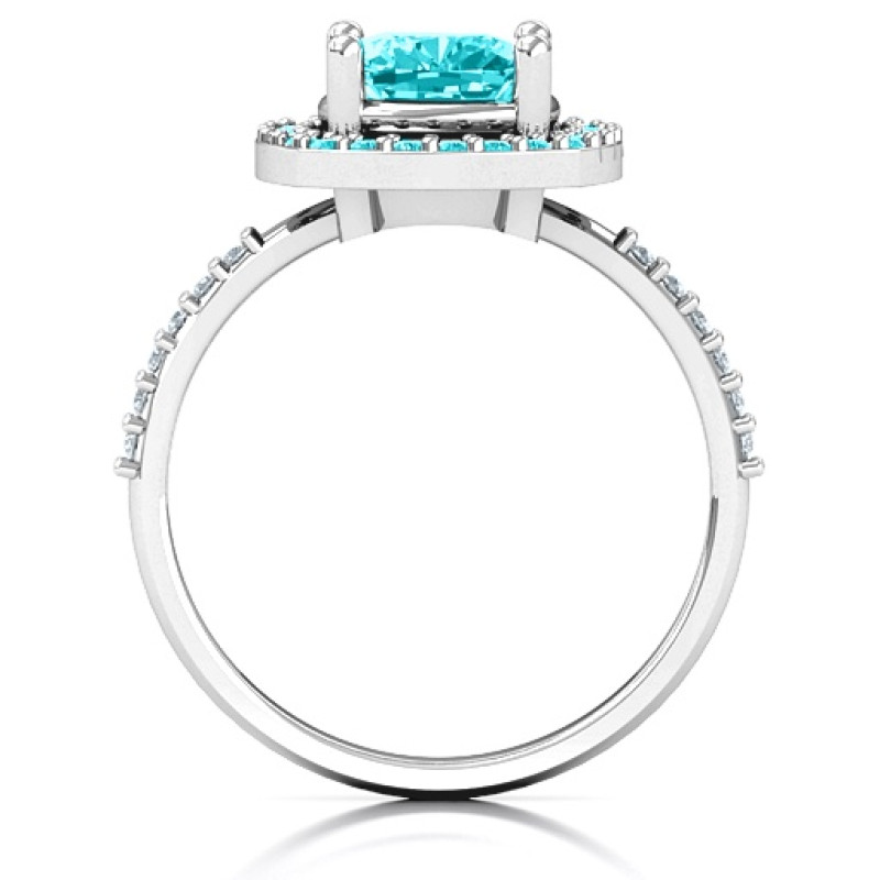 Cushion cut statement ring with a round stone halo