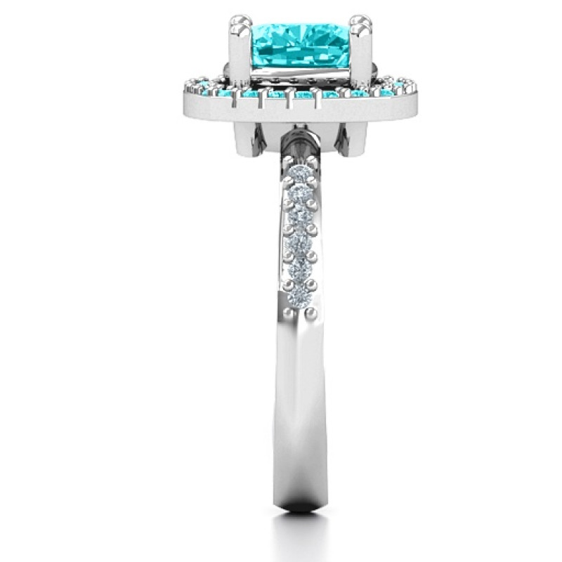 Cushion cut statement ring with a round stone halo