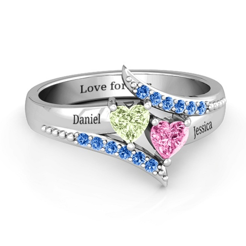 Diagonal Dream Ring With Heart Stones Diagonal Dream Ring with two heart-shaped centre stones and split-shank band