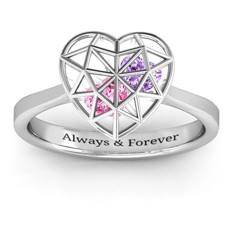 Diamond Heart Cage Ring Product View Diamond Heart Cage Ring with encased heart stones product view