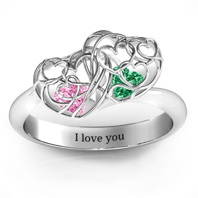 Double Heart Cage Birthstone Ring Double heart cage ring with heart-shaped birthstones product image