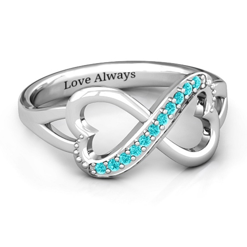 Double heart infinity ring with round accent stones