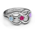 Double infinity ring with three round centre stones