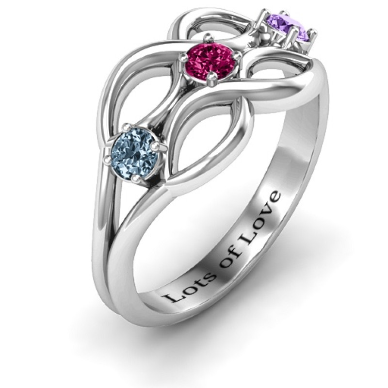 Double infinity ring with three round centre stones