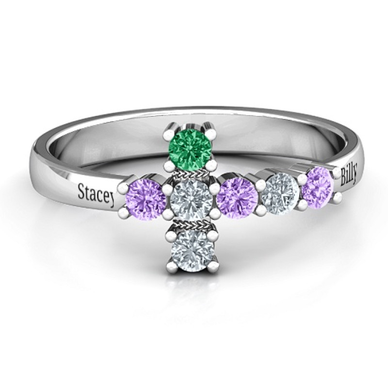 I Believe Side Cross Ring with seven round stones