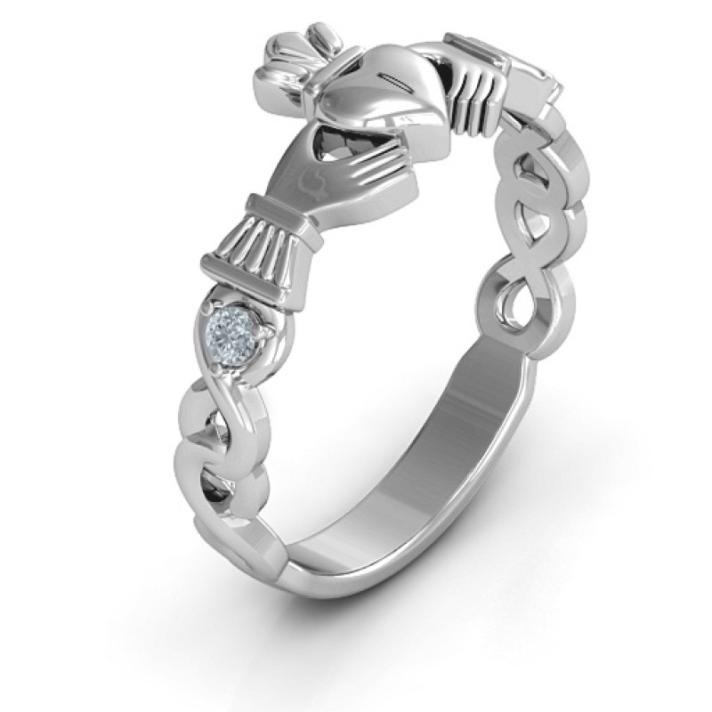 Infinity Claddagh Ring with Side Stones - Alternate View Infinity Claddagh ring with side stones, alternate view