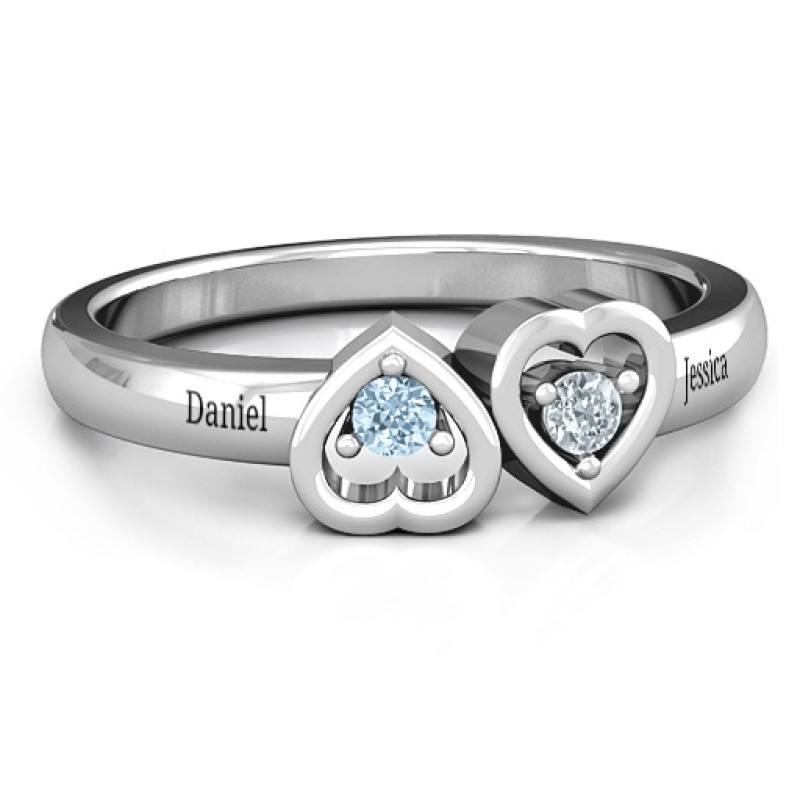 Inverted Kissing Hearts Ring with two round stones