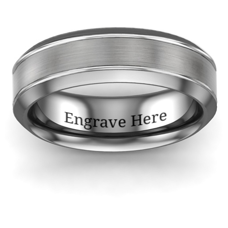 Brushed Centre Tungsten Ring Detail Men's beveled edge tungsten ring with brushed centre detail