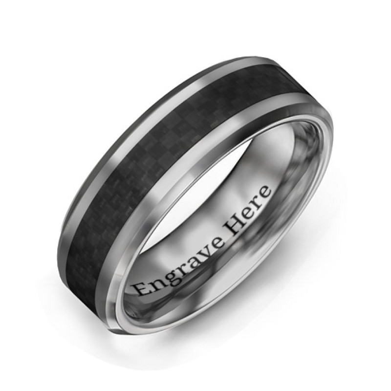 Men's Black Carbon Fiber Inlay Polished Tungsten Ring Men's polished tungsten ring with black carbon fiber geometric inlay