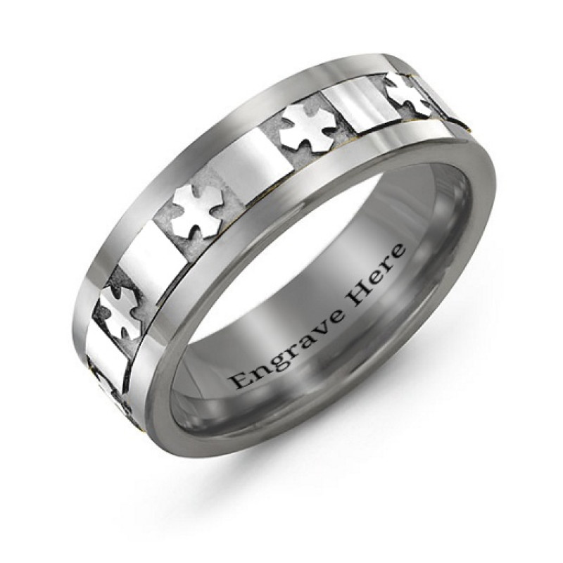 Men's polished tungsten band ring with cross design