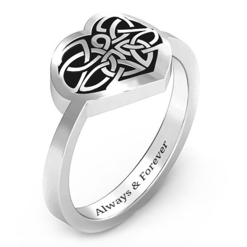 Celtic Trinity Knot detail on oxidized silver heart ring