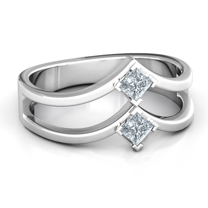 Peaks and Valleys geometric ring with two princess-cut stones