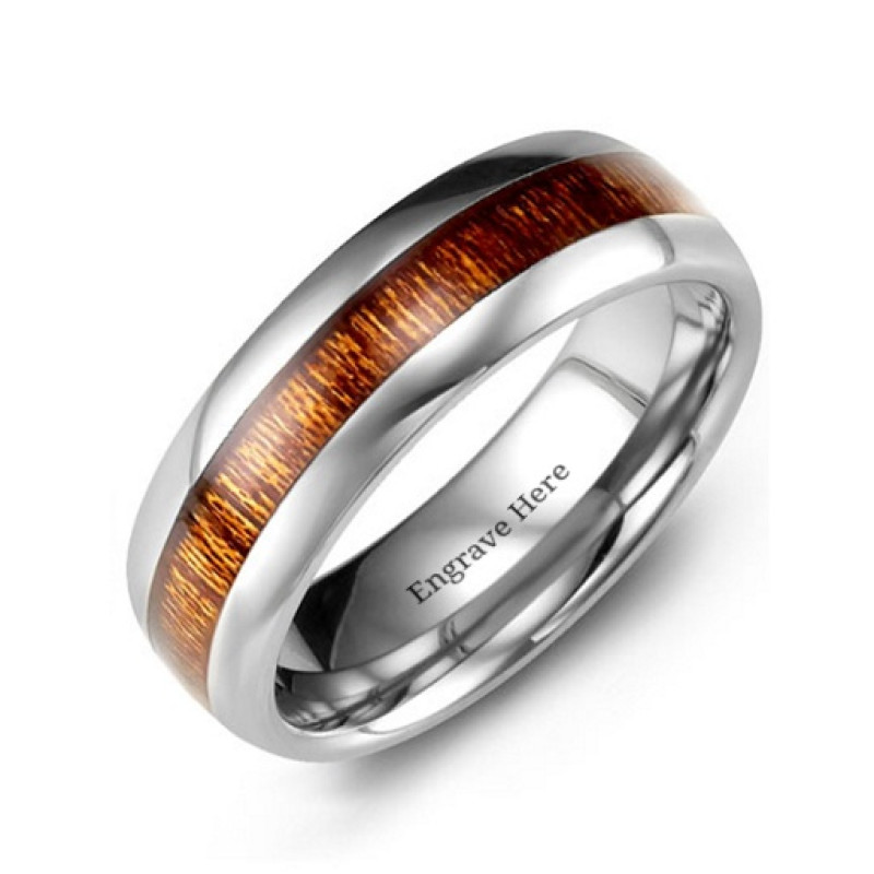 Polished tungsten ring with reddish-brown Koa wood insert
