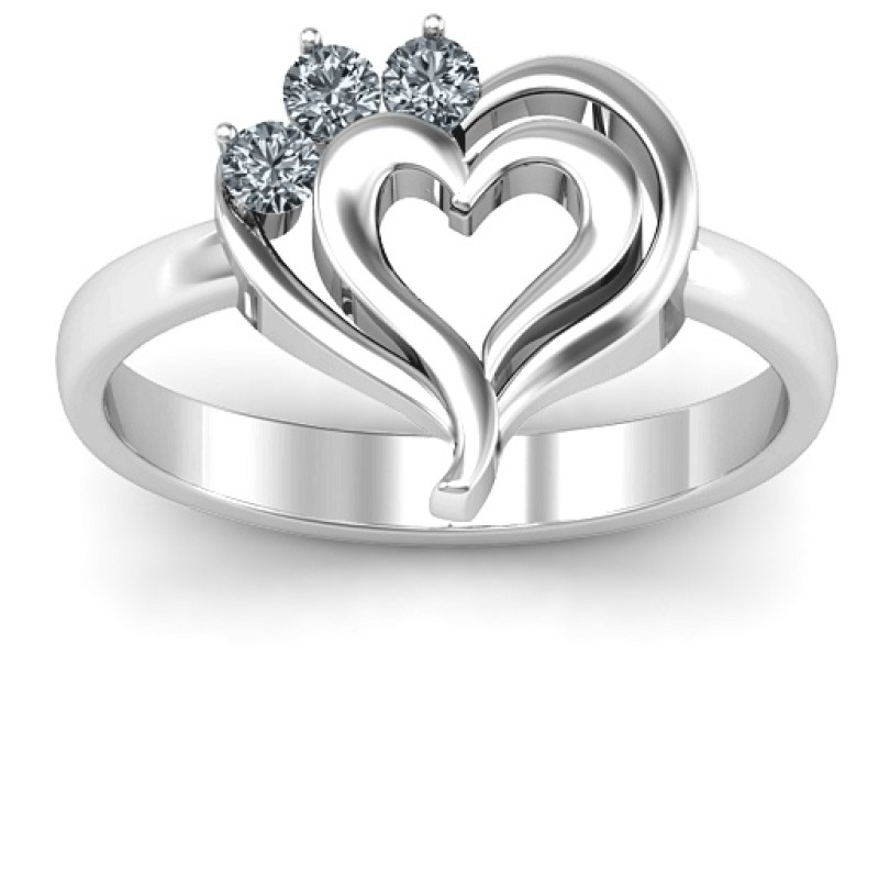 Radial Love Ring with heart design and three round stones