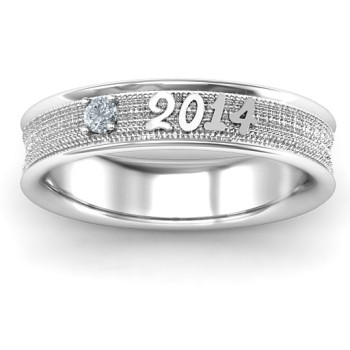 Sterling Silver 2014 Unisex Textured Graduation Ring with Emerald Stone Sterling Silver 2014 Unisex Textured Graduation Ring with Emerald Stone