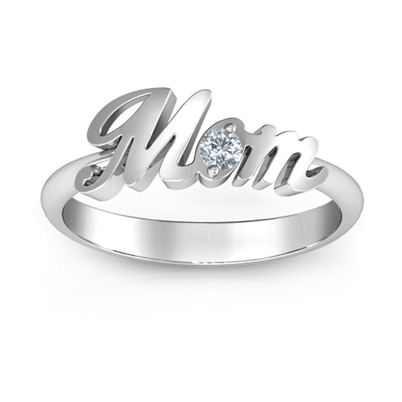 All About Mom Personalised Birthstone Ring Personalised cursive Mom ring with a round birthstone in the letter o