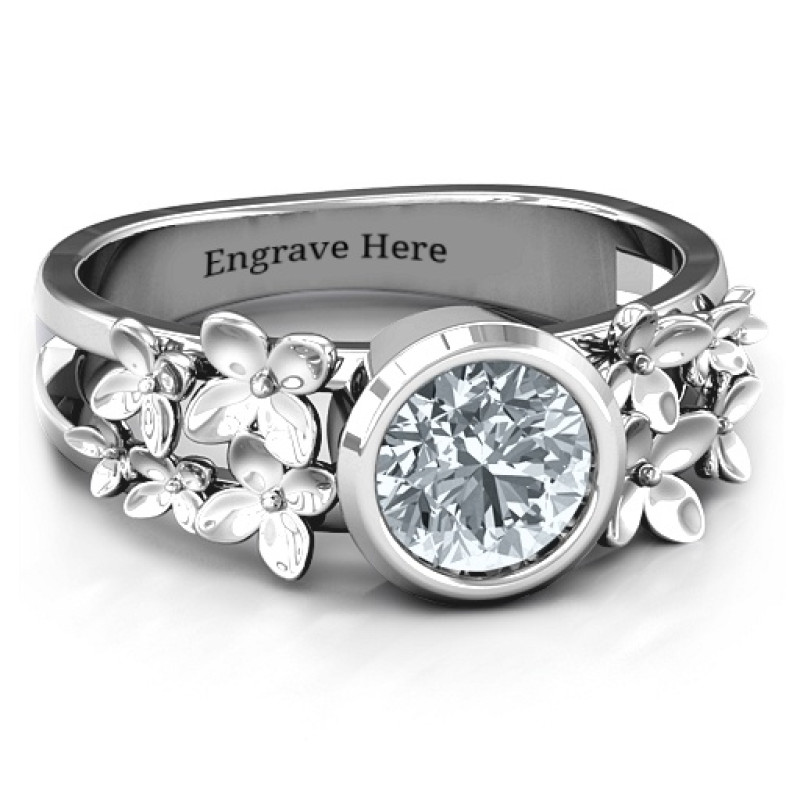 Beautiful Blossoms Split Shank Ring Beautiful Blossoms split shank ring with a central round stone
