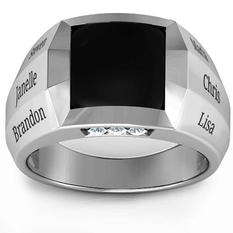 Engravable 6-Stone Men's Black Onyx Ring Engravable men's ring with square black onyx centre stone and six small stones