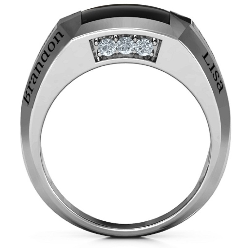 Engravable 6-Stone Men's Black Onyx Ring Engravable men's ring with square black onyx centre stone and six small stones