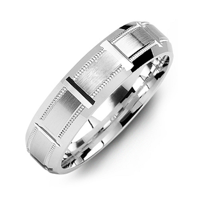 Horizontal-Cut Men's Ring with Beveled Edge Horizontal-cut men's ring with beveled edges and a brushed centre