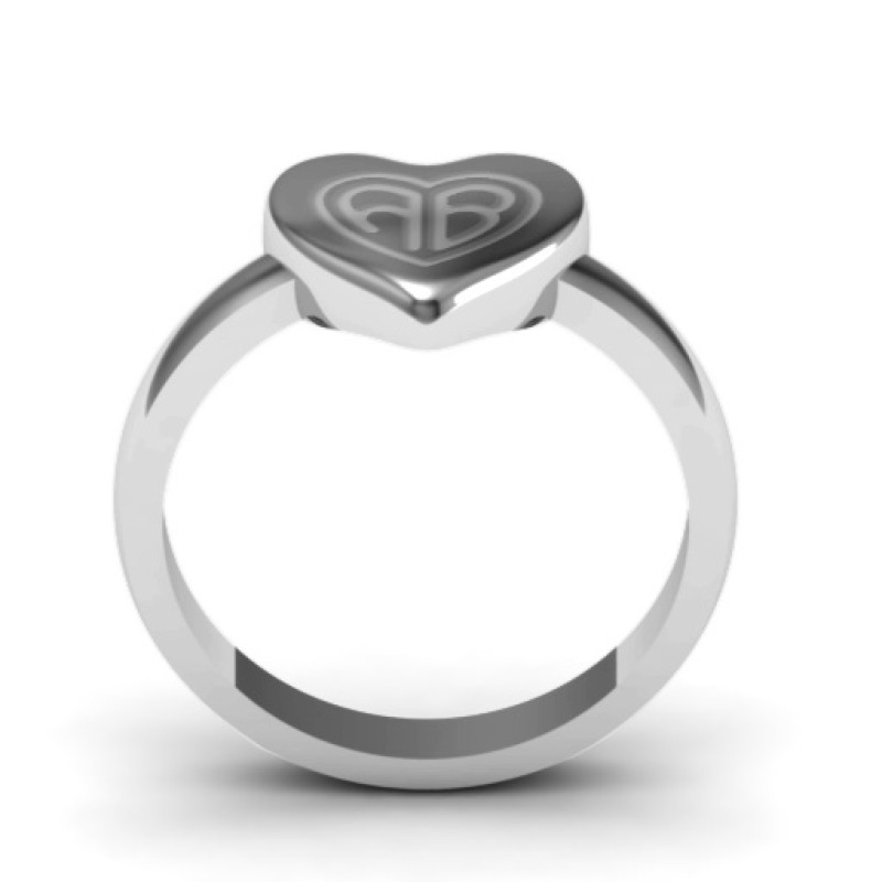 Large engraved monogram heart ring detail view