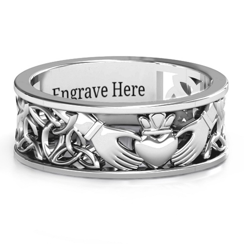 Celtic Claddagh band ring with an open Celtic patterned band