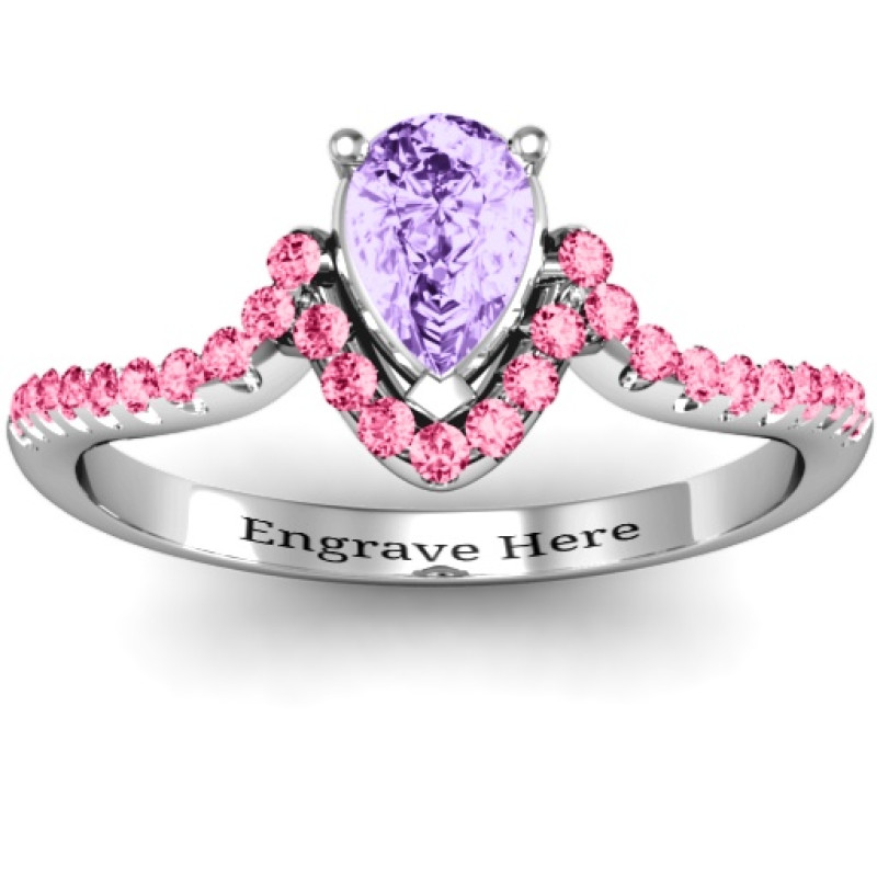 Sterling silver pear accent groove ring with round accent stones