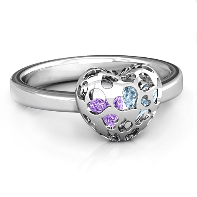 Sterling Silver Petite Caged Hearts Ring with 1-3 Stones Sterling silver petite caged hearts ring with heart-cut stones
