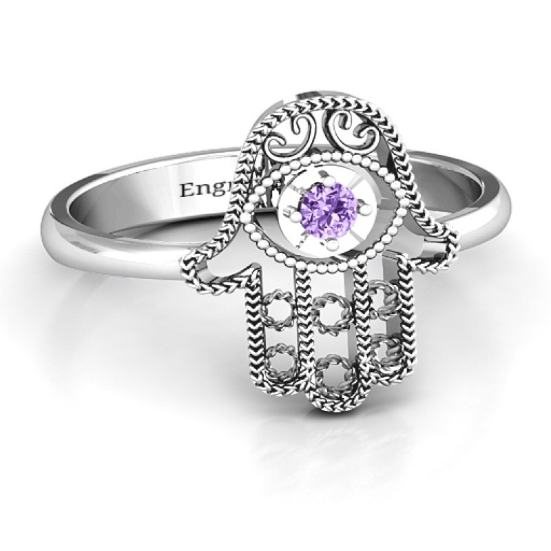 Sterling Silver Protection Hamsa Ring with round stone
