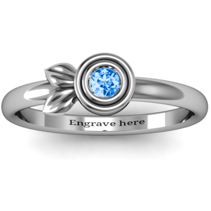 Twin Leaf Ring with two leaves and a round bezel-set gemstone