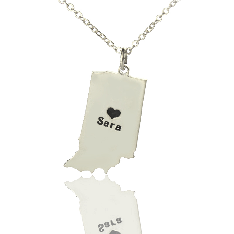 Custom Indiana State Heart Name Necklace Custom Indiana state-shaped heart name necklace in 925 silver
