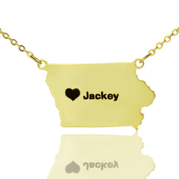 Iowa State USA Map Necklace With Heart Name Gold Plated