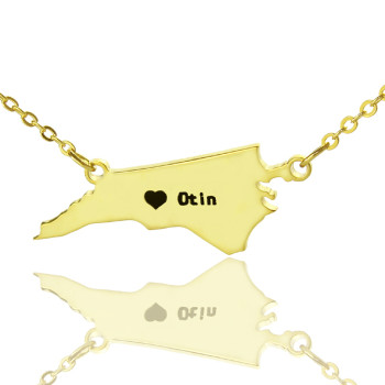 Personalised NC State USA Map Necklace With Heart Name Gold Plated