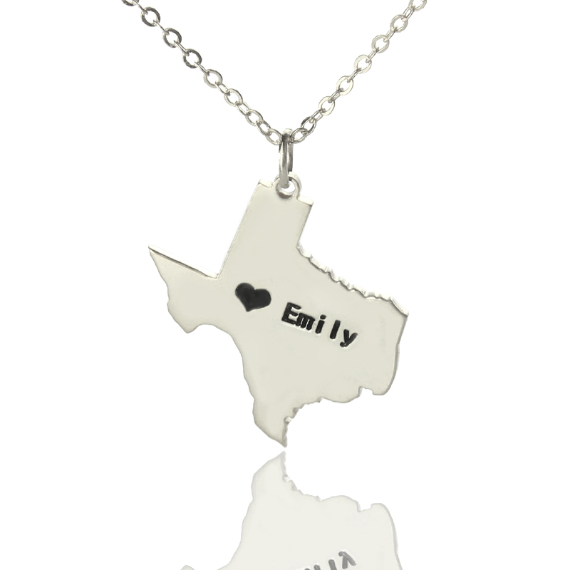 Texas State USA map heart name necklace in silver